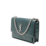 Saint Laurent Green Croc Embossed Leather Medium Sunset Shoulder Bag